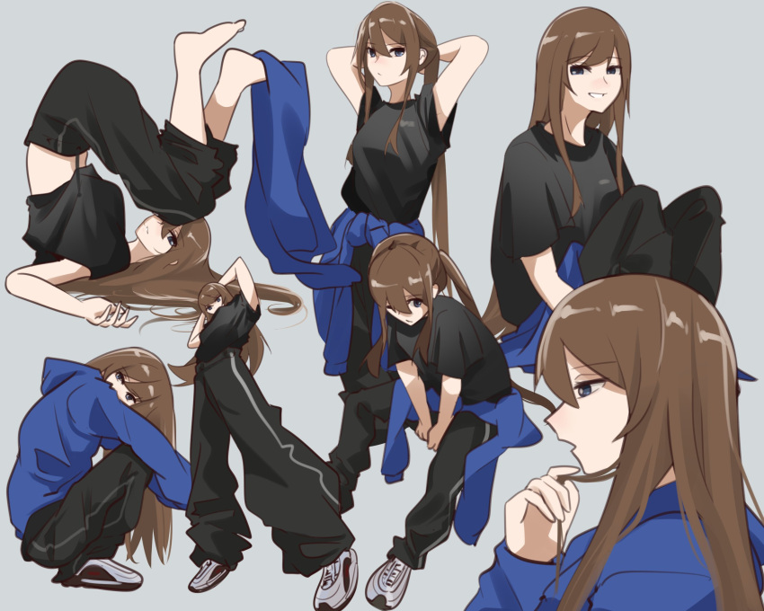 1girl, air_max, air_max_97, arms_behind_head, asamiya_mariko, barefoot, black_pants, black_shirt