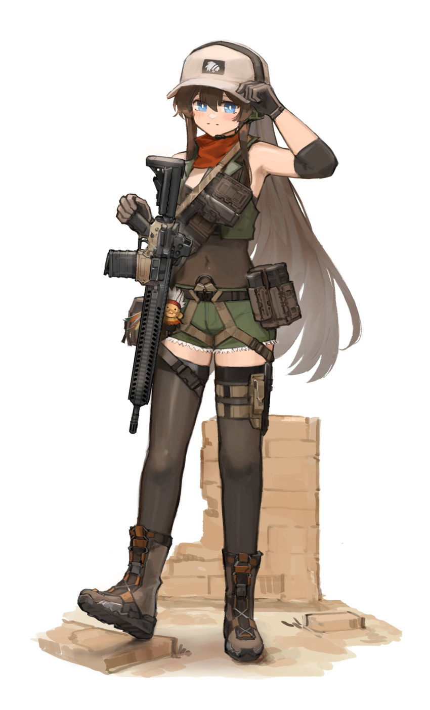 ammunition_pouch, armpits, assault_rifle, black_thighhighs, blue_eyes, blush, breasts, brown_footwear