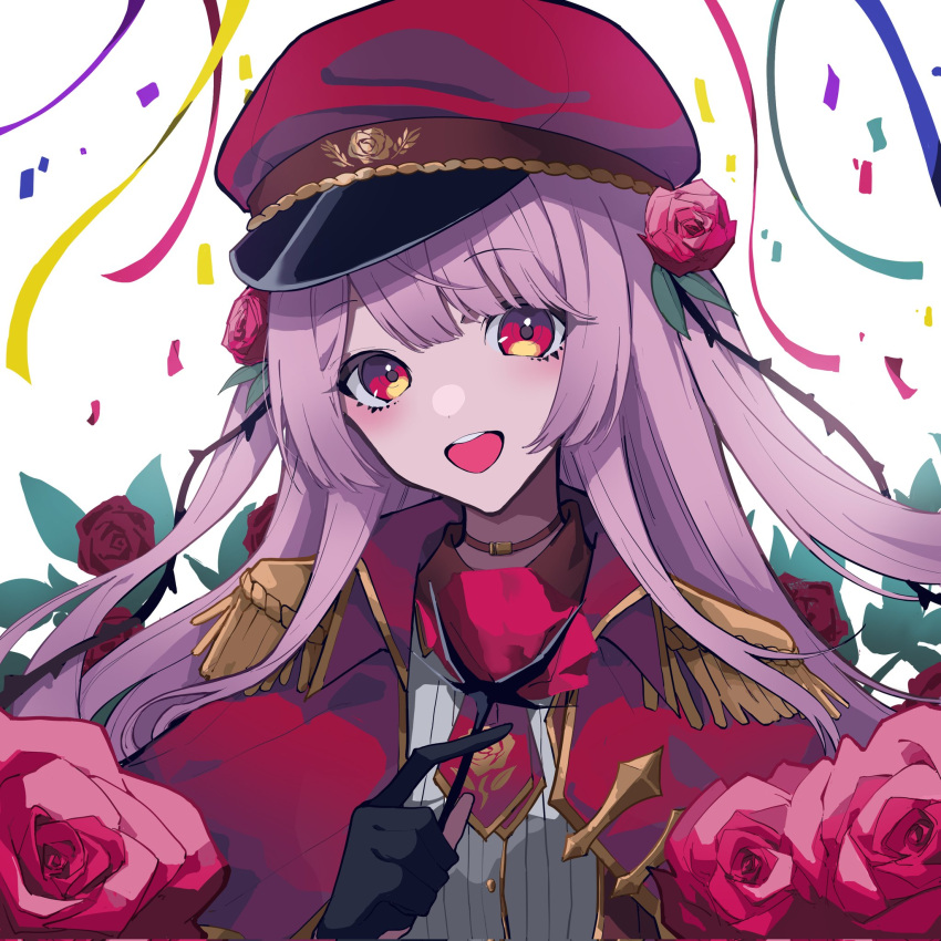 1girl, black_gloves, brown_choker, choker, coat, collared_shirt, confetti, dress_shirt, english_commentary, epaulettes, flower, gloves, gold_trim, hair_flower, hair_ornament, hat, highres, holding, holding_flower, long_hair, looking_at_viewer, mentally_deficient, military_uniform, necktie, nijisanji, nijisanji_en, official_alternate_costume, open_mouth, partially_fingerless_gloves, peaked_cap, pink_eyes, pink_hair, red_coat, red_flower, red_headwear, red_necktie, red_rose, rose, rosemi_lovelock, rosemi_lovelock_(2nd_costume), shirt, short_necktie, simple_background, smile, solo, streamers, teeth, thorns, uniform, upper_body, upper_teeth_only, virtual_youtuber, white_background, white_shirt