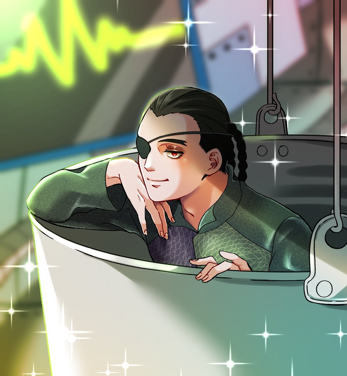 1boy, animification, black_hair, braid, brown_eyes, bucket, commentary_request, eyepatch