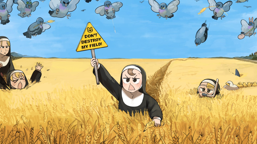 >_<, 4girls, animal_ears, asphyxiation, bird, blonde_hair, blue_eyes, brown_eyes, brown_hair, catholic, chicken, clear_sky, clumsy_nun_(diva), diva_(hyxpk), drowning, duck, duckling, english_commentary, english_text, fake_shark_fin, frog_headband, froggy_nun_(diva), goggles, habit, highres, holding, holding_sign, little_nuns_(diva), multiple_girls, nun, outdoors, pigeon, poop, rabbit_ears, shark_fin, sign, sky, snorkel, spicy_nun_(diva), strict_nun_(diva), traditional_nun, wheat, wheat_field, yellow_eyes