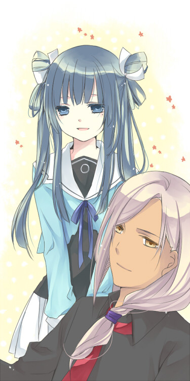 blue_eyes, blue_hair, long_hair, mole, necktie, ookami-san, ookami-san_to_shichinin_no_nakamatachi, ryuuguu_otohime
