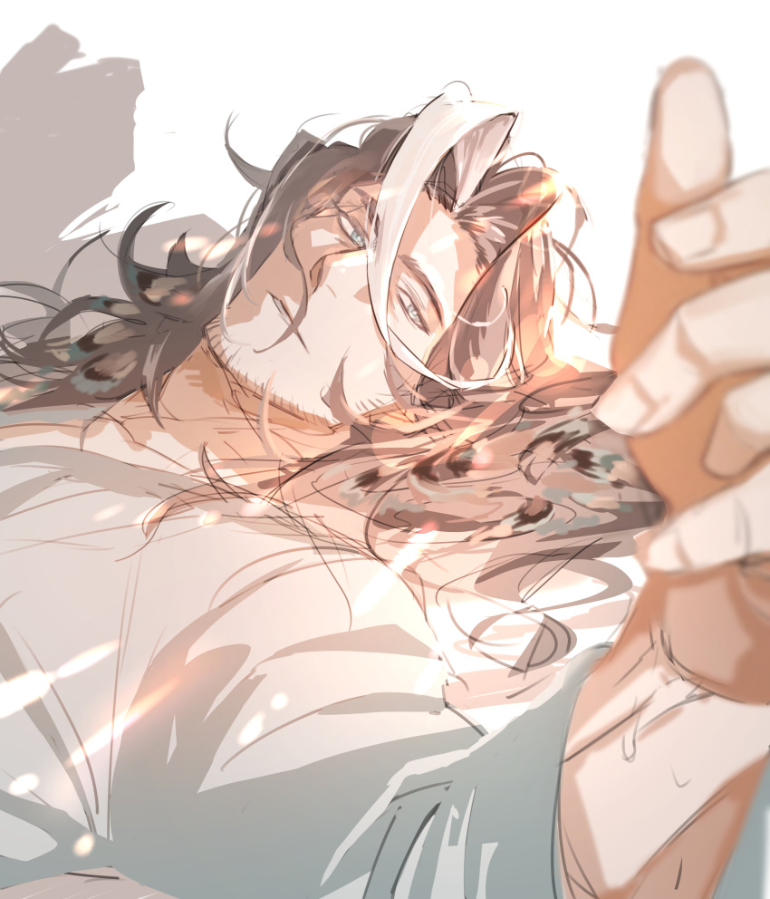 108cycle, 1boy, absurdres, arknights, brown_hair, foreshortening, hair_between_eyes, half-closed_eyes