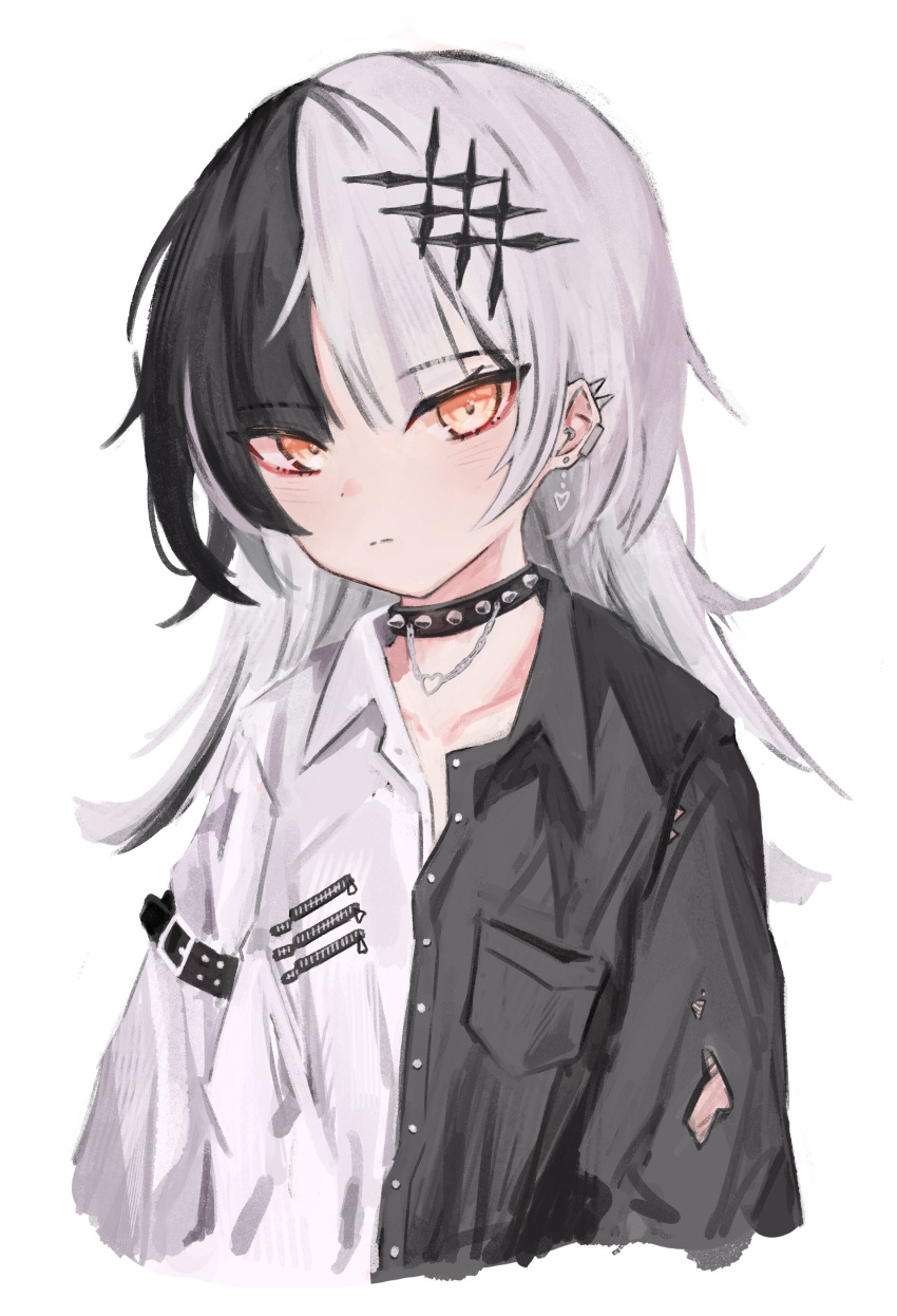 1girl, absurdres, akarinnndesu, arm_belt, black_collar, black_hair, breast_pocket, collar, collared_shirt, dangle_earrings, earrings, hair_ornament, heart, heart_earrings, heart_necklace, highres, hololive, hololive_english, jewelry, long_hair, long_sleeves, looking_at_viewer, multicolored_hair, multiple_piercings, necklace, pocket, shiori_novella, shirt, simple_background, solo, spiked_collar, spikes, split-color_hair, two-tone_shirt, upper_body, virtual_youtuber, white_background, white_hair, yellow_eyes