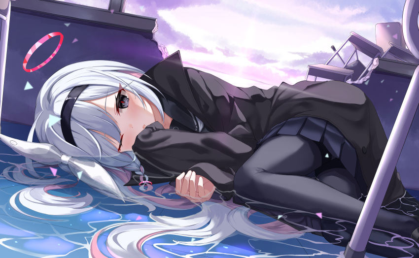 1girl, absurdres, black_hair, black_hairband, black_jacket, black_pantyhose, black_sailor_collar, black_shirt