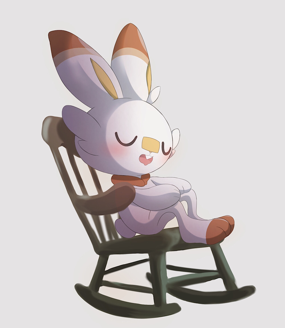 1other, animal_ears, animal_feet, animal_hands, animal_nose, bandaid, bandaid_on_face, bandaid_on_nose, blush, body_fur, buck_teeth, chair, closed_eyes, commentary_request, drooling, english_commentary, full_body, furry, grey_background, hands_on_own_knees, kagetsu_(pixiv_59460925), knees_up, mixed-language_commentary, mouth_drool, on_chair, open_mouth, orange_fur, other_focus, partial_commentary, pokemon, pokemon_(creature), rabbit_ears, rabbit_tail, rocking_chair, scorbunny, simple_background, sitting, sleeping, tail, teeth, two-tone_fur, u_u, white_fur
