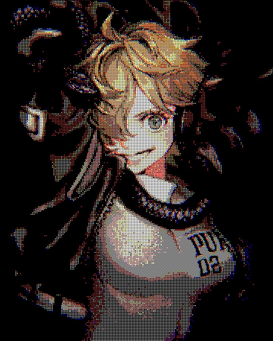 1girl, blonde_hair, english_text, green_eyes, highres, jacket, jumpsuit, one_piece, pixel_art, runa_3152, short_hair, vegapunk_lilith