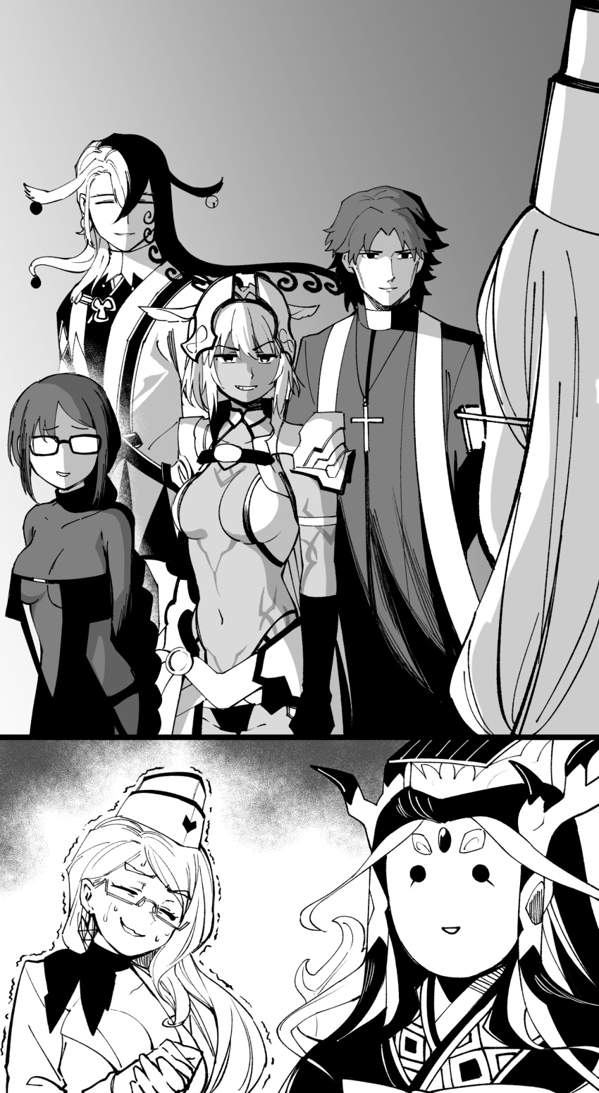3boys, 3girls, absurdres, animal_ears, ashiya_douman_(fate), breasts, caenis_(fate), cross