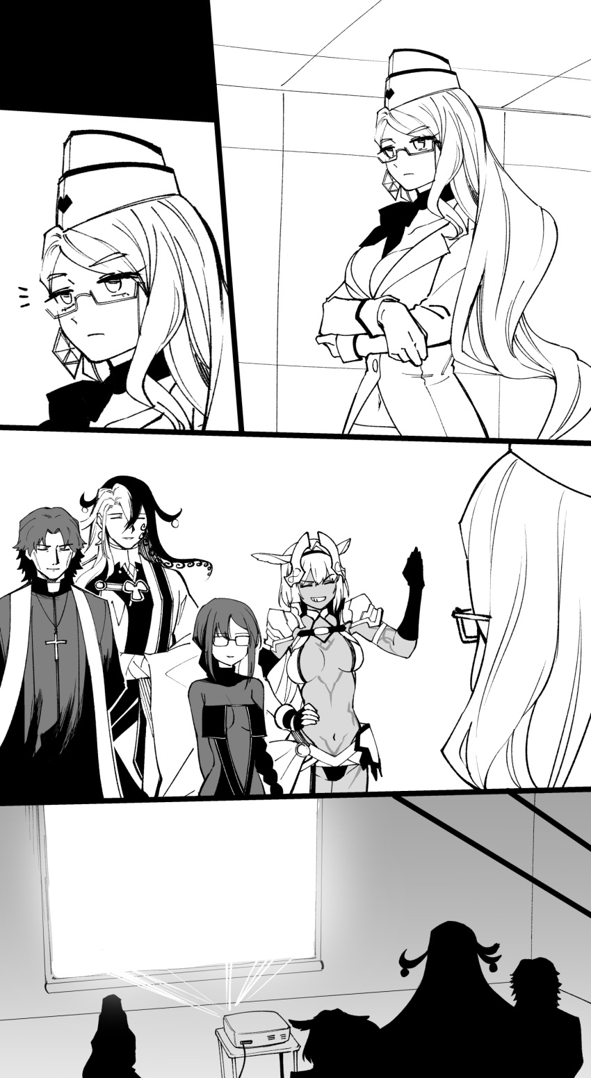 2boys, 3girls, absurdres, ashiya_douman_(fate), breasts, caenis_(fate), cross, earrings