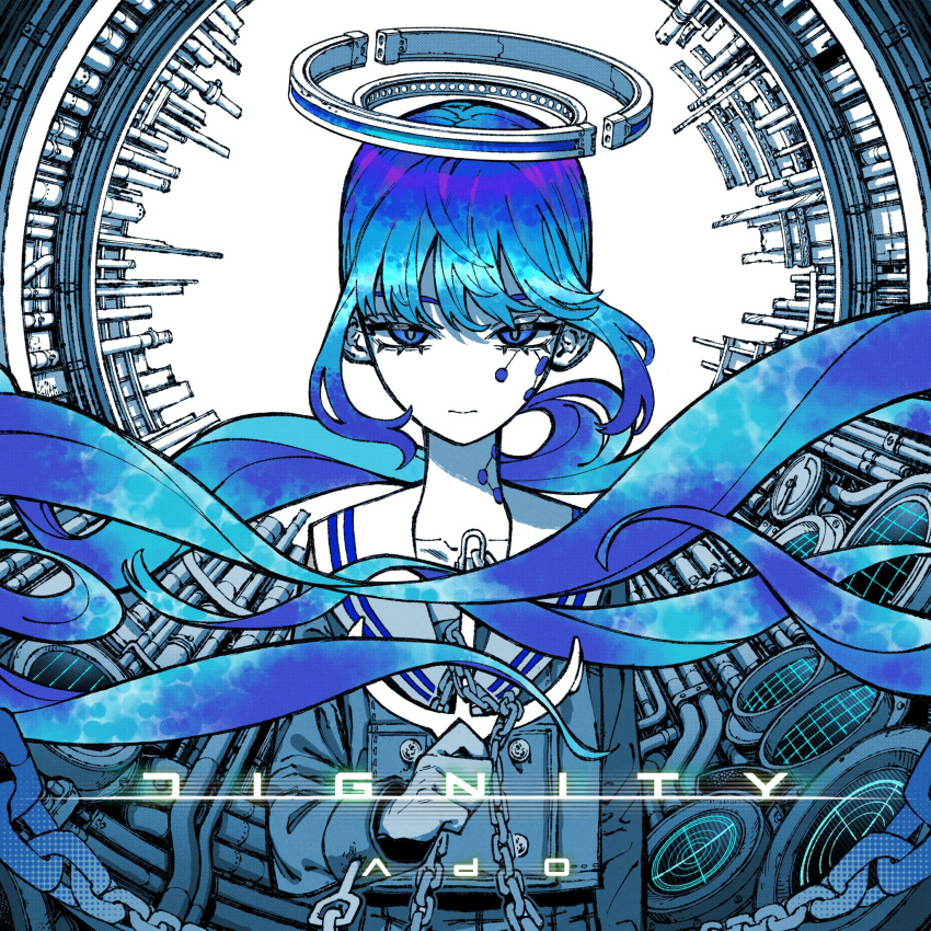 1girl, absurdly_long_hair, ado_(utaite), album_cover, blue_eyes, blue_hair, blue_shirt, blue_theme