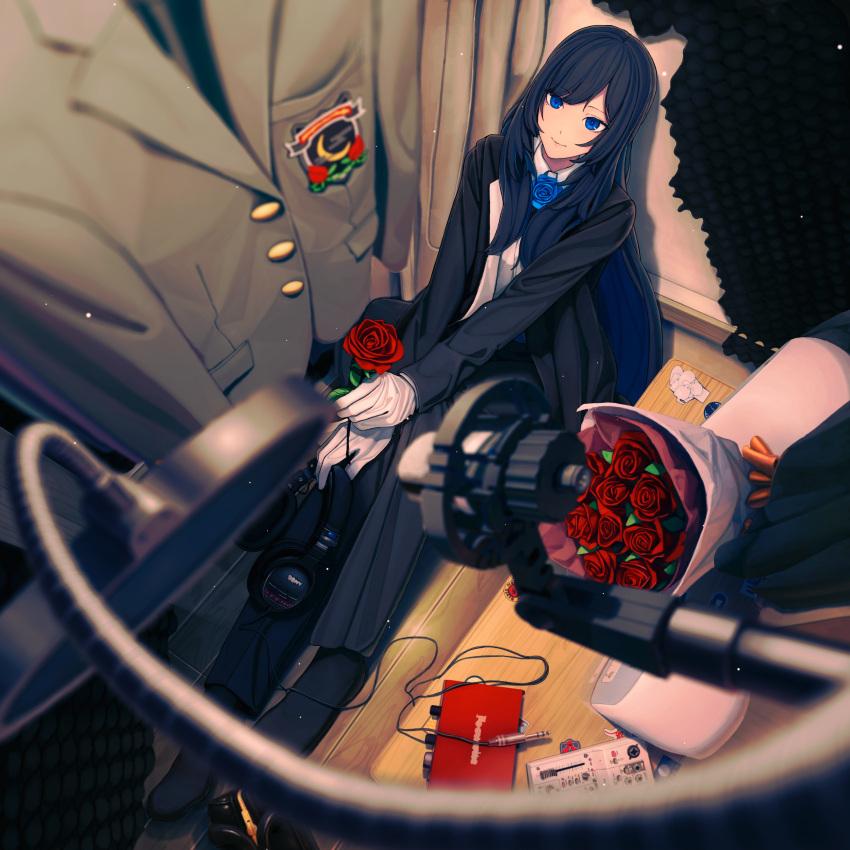 1girl, absurdres, acoustic_foam, ado_(utaite), against_wall, album_cover, black_hair, black_pants
