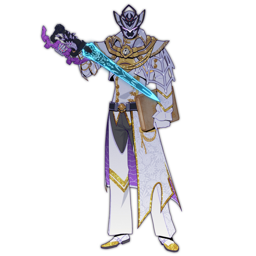 absurdres, armor, bodysuit, book, bug, character_request, helmet, highres, holding, holding_book, holding_sword, holding_weapon, jeramie_idmonarak_ne_brasieri, kumonoslayer, ohsama_sentai_king-ohger, spider, super_sentai, sword, tokusatsu, tongzhen_ganfan, weapon, white_bodysuit