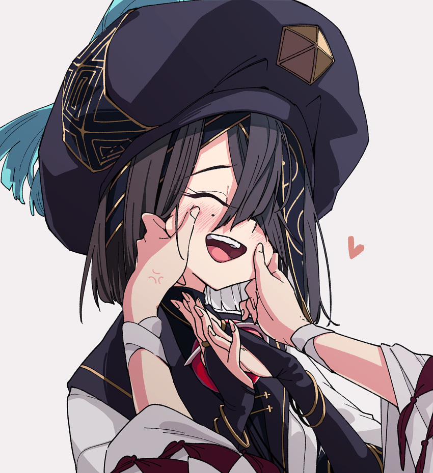 1girl, anger_vein, angry, black_hair, blush, closed_eyes, crossed_bangs, fate/grand_order