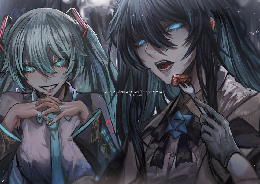 2girls, absurdres, ado_(utaite), aqua_eyes, aqua_hair, aqua_nails, aqua_necktie, black_gloves