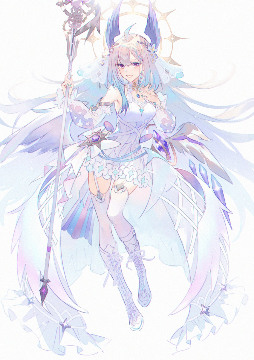 1girl, ahoge, blonde_hair, blue_gemstone, blue_hair, detached_sleeves, dress, enna_alouette
