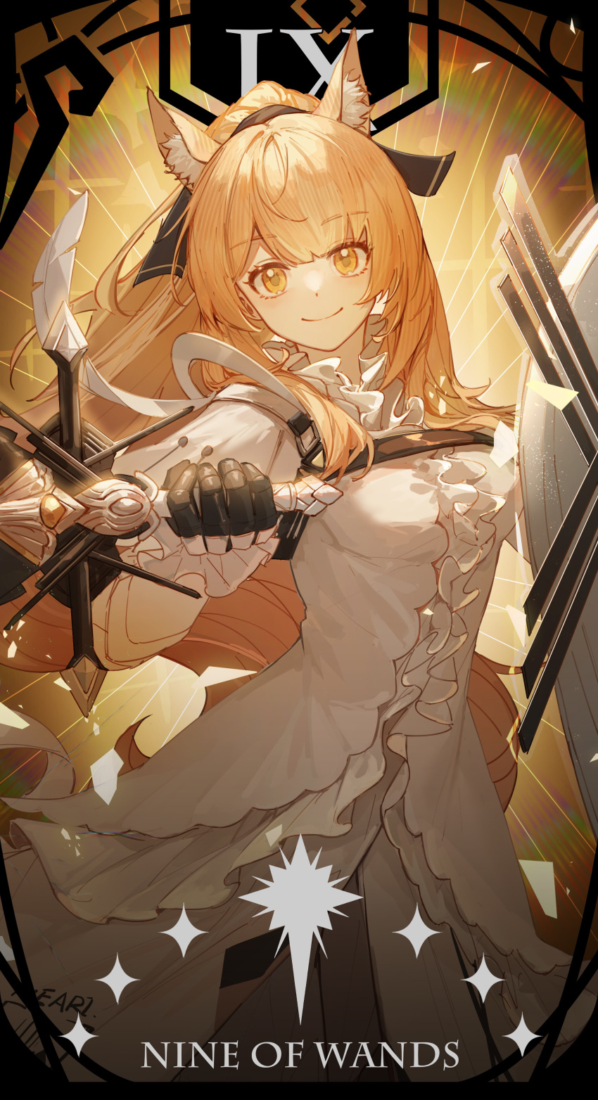 1girl, absurdres, animal_ear_fluff, animal_ears, arknights, black_gloves, blemishine_(arknights), blemishine_(elite_ii)_(arknights), blonde_hair, center_frills, closed_mouth, cowboy_shot, dress, frills, gloves, highres, holding, holding_sword, holding_weapon, horse_ears, horse_girl, kotatsu_kaya, long_hair, long_sleeves, looking_at_viewer, orange_eyes, ponytail, roman_numeral, shield, smile, solo, sword, tarot_(card), very_long_hair, weapon, white_dress