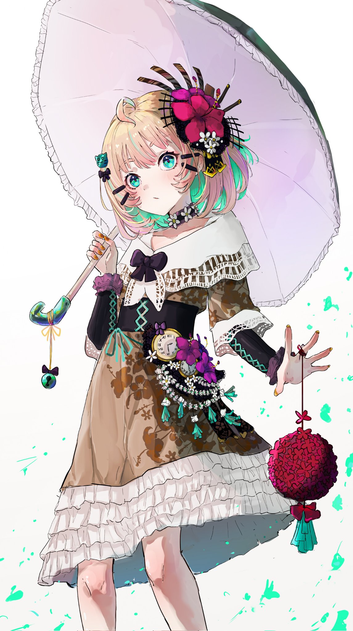 1girl, ahoge, alternate_costume, aqua_eyes, blonde_hair, brown_dress, cat_hair_ornament, cawfy, choker, colored_inner_hair, commentary, dress, frilled_dress, frills, green_hair, hair_ornament, hairclip, highres, holding, holding_umbrella, millie_parfait, multicolored_hair, nijisanji, nijisanji_en, short_hair, solo, symbol-only_commentary, umbrella, virtual_youtuber, yellow_nails