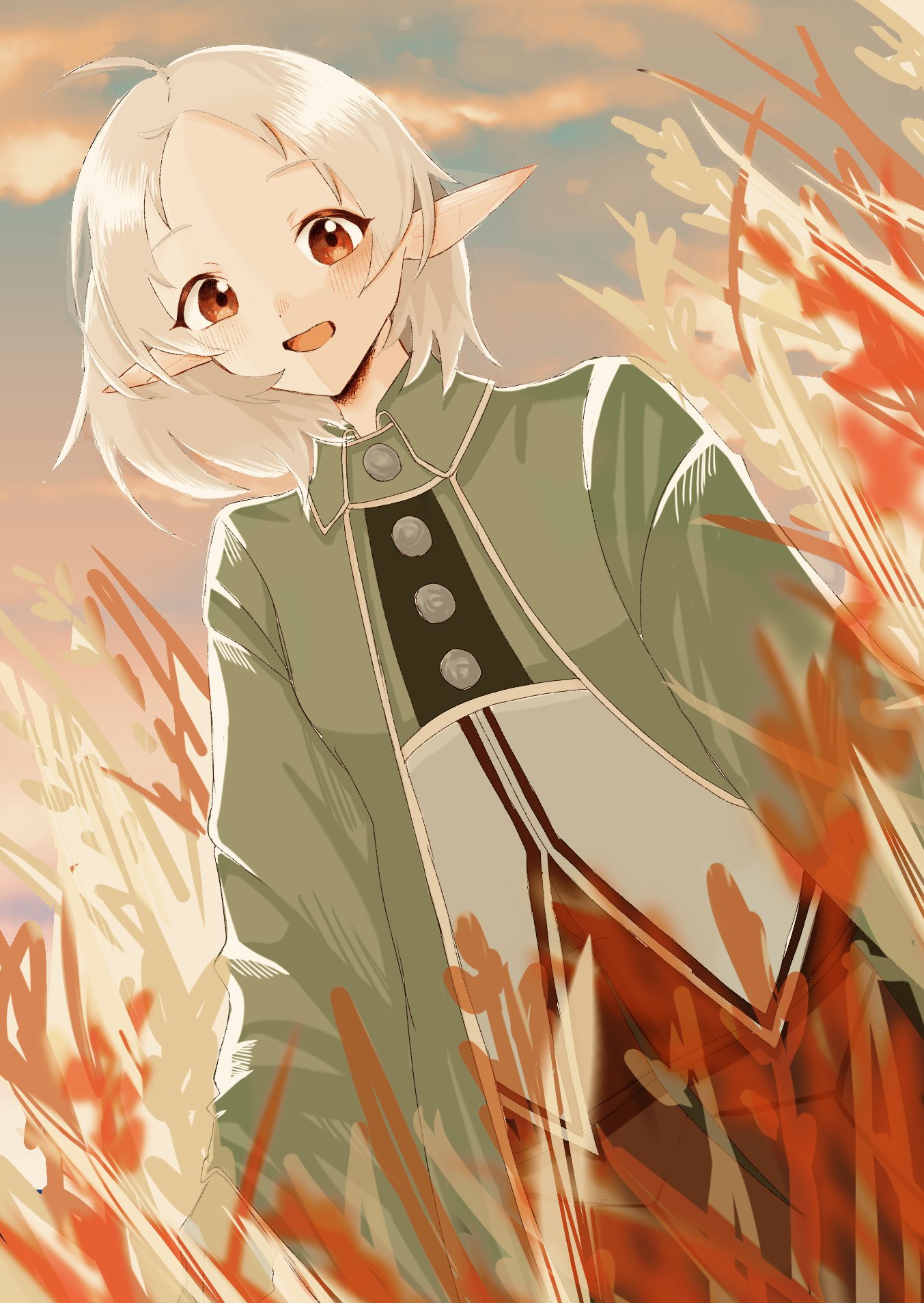 1girl, :d, ahoge, cloak, clouds, elf, evening, green_cloak