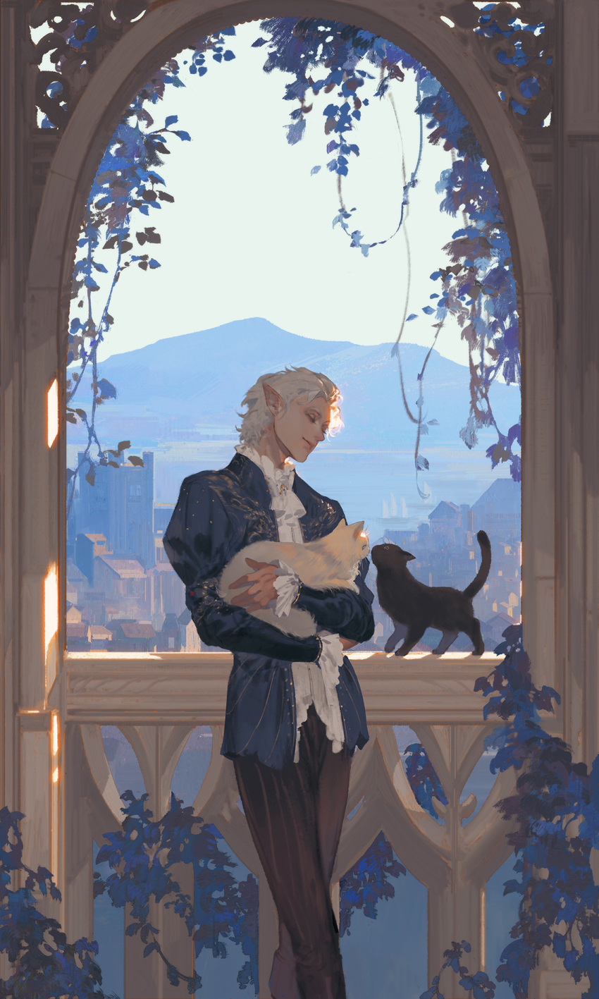 1boy, animal, arch, ascot, astarion_(baldur's_gate), baldur's_gate, baldur's_gate_3, black_cat