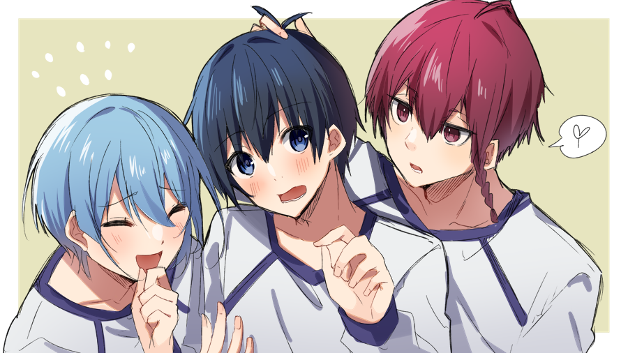 3boys, :d, ^_^, antenna_hair, arm_up, black_hair, blue_eyes, blue_hair