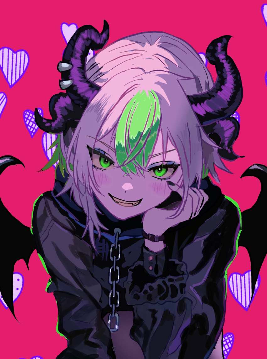 1girl, black_hoodie, black_nails, blush, bracelet, bsapricot_(vtuber), bsapricot_(vtuber)_(8th_costume), chain, cropped_hoodie, demon_girl, demon_horns, demon_wings, eyeshadow, fangs, green_eyes, green_hair, hand_on_own_face, heart, highres, hood, hoodie, horns, jewelry, long_sleeves, looking_at_viewer, makeup, mochimochi_589, multicolored_hair, multiple_horns, pink_background, purple_horns, smile, solo, streaked_hair, teeth, virtual_youtuber, vshojo, white_hair, wings