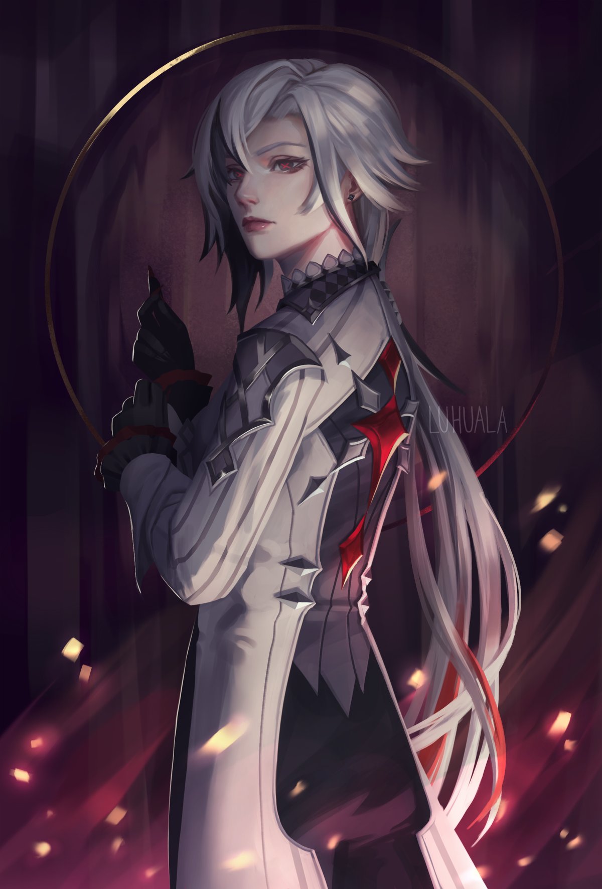 1girl, arlecchino_(genshin_impact), black_eyes, black_hands, coat, earrings, from_behind, genshin_impact, hair_between_eyes, highres, jewelry, long_hair, looking_back, luhuala, multicolored_hair, red_pupils, solo, streaked_hair, symbol-shaped_pupils, two-tone_hair, white_coat, white_hair, x-shaped_pupils