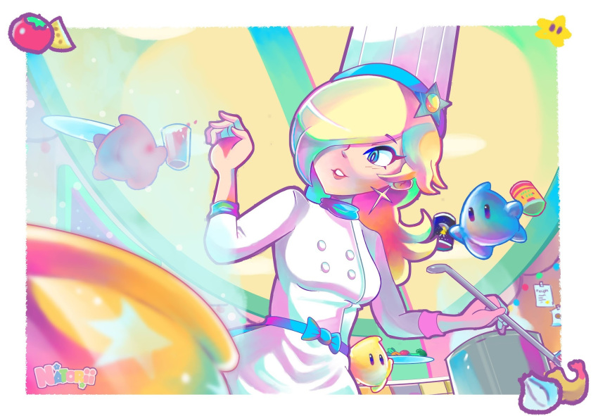 1girl, artist_name, blonde_hair, blue_eyes, broccoli, can, carrot, chef, chef_hat, cooking, cooking_pot, cup, dress, drinking_glass, earrings, food, hair_over_one_eye, hat, highres, holding, holding_can, holding_cup, holding_ladle, holding_plate, jewelry, ladle, long_hair, looking_at_another, luma_(mario), mario_kart, mario_kart_tour, nat0rii, neon_palette, official_alternate_costume, parted_lips, plate, rosalina, rosalina_(chef), star_(symbol), star_earrings, super_mario_bros., tomato, white_dress, white_headwear