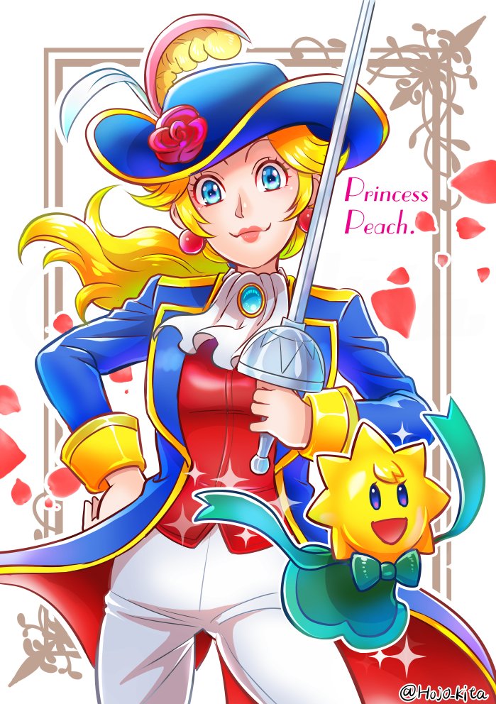 1girl, 1other, artist_name, ascot, blonde_hair, blue_eyes, blue_jacket, brooch