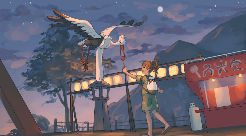 1girl, bag, bird, bombirdier, brown_hair, candy_apple, closed_eyes, commentary_request