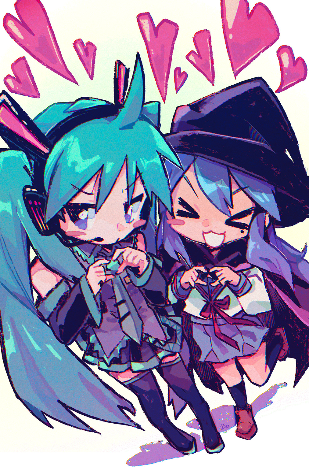 >_<, 2girls, :3, aqua_hair, aqua_necktie, aqua_trim, averting_eyes, black_cloak