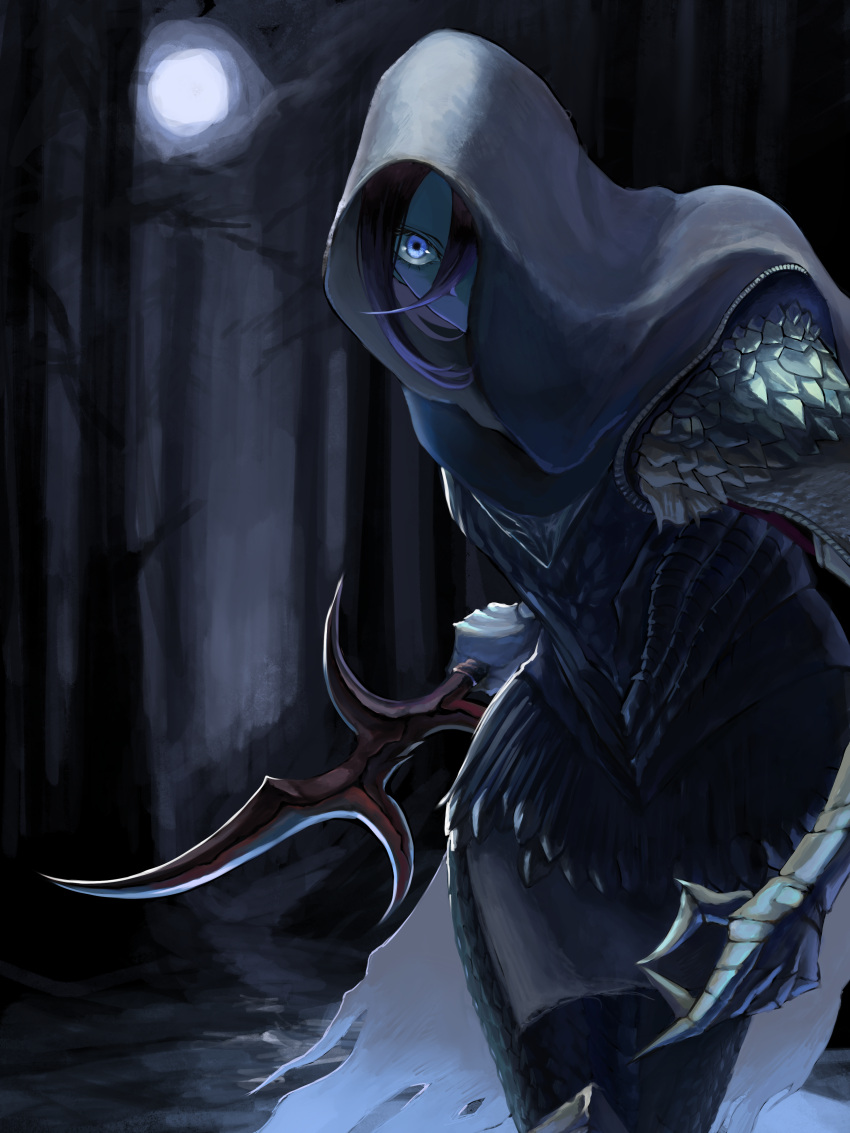 1girl, absurdres, black_knife_(elden_ring), black_knife_assassin, black_theme, blue_eyes, elden_ring, highres, holding, holding_knife, holding_weapon, hood, hood_up, knife, one_eye_covered, solo, upper_body, weapon, wuming_(vkfu8353)