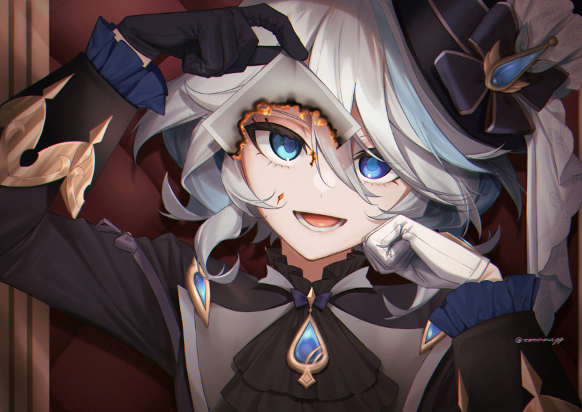 1girl, ascot, asymmetrical_gloves, black_ascot, black_gloves, black_shirt, blue_eyes, blue_hair