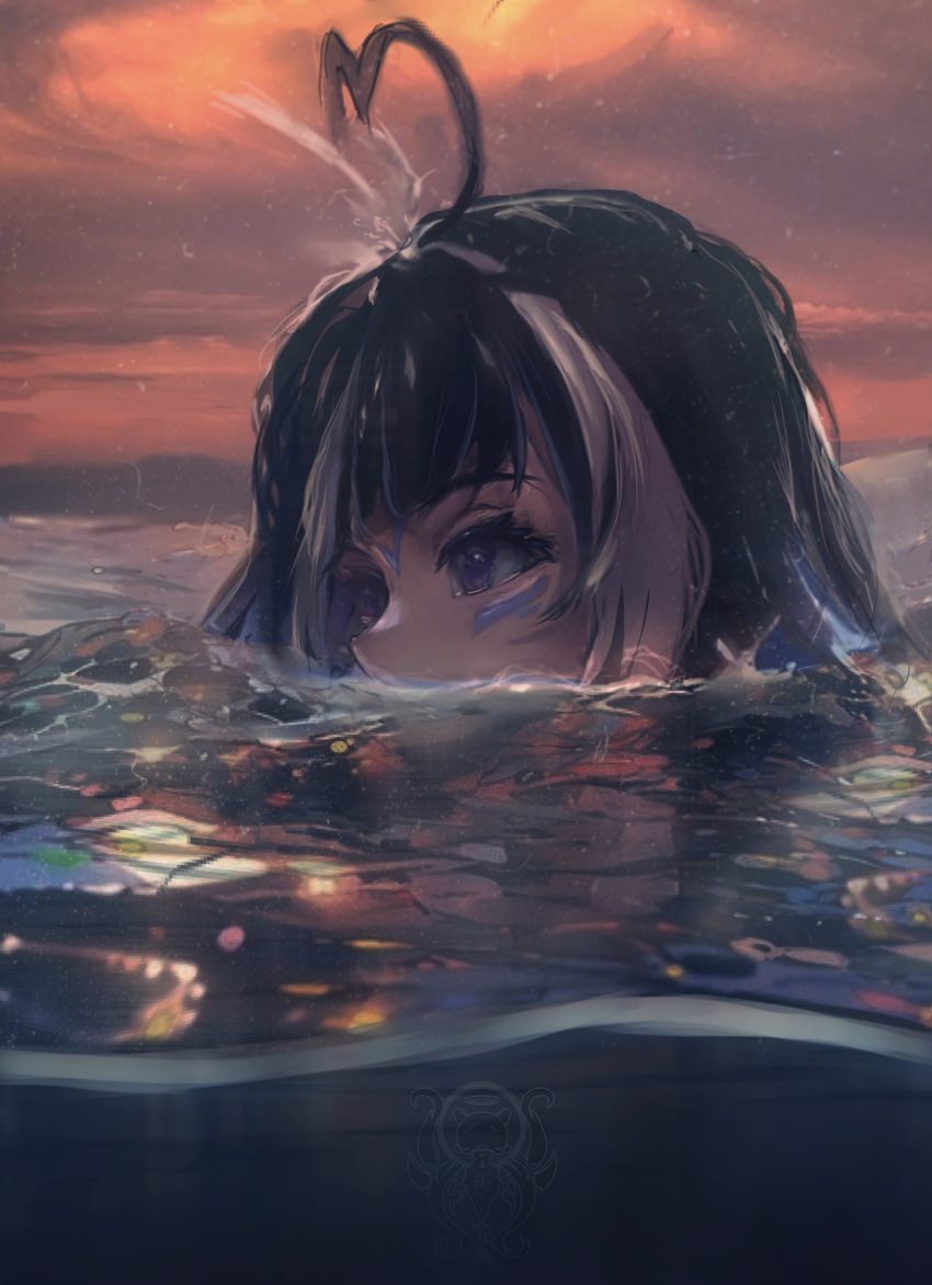 1girl, absurdres, afloat, ahoge, animal_ears, black_hair, blowhole, clouds