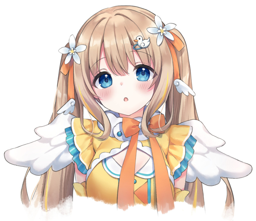 1girl, :o, blonde_hair, blue_eyes, blush, cleavage_cutout, clothing_cutout, duck_hair_ornament