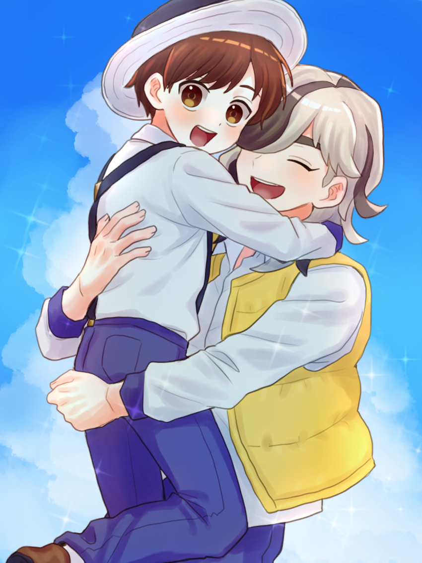 2boys, :d, arven_(pokemon), brown_eyes, brown_footwear, brown_hair, closed_eyes, clouds