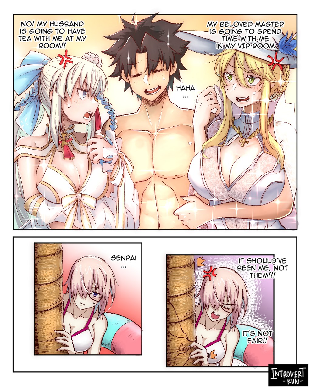 armlock, artoria_pendragon_(fate), artoria_pendragon_(lancer)_(fate), artoria_pendragon_(swimsuit_ruler)_(fate), blonde_hair, breasts, fate/grand_order, fate_(series)