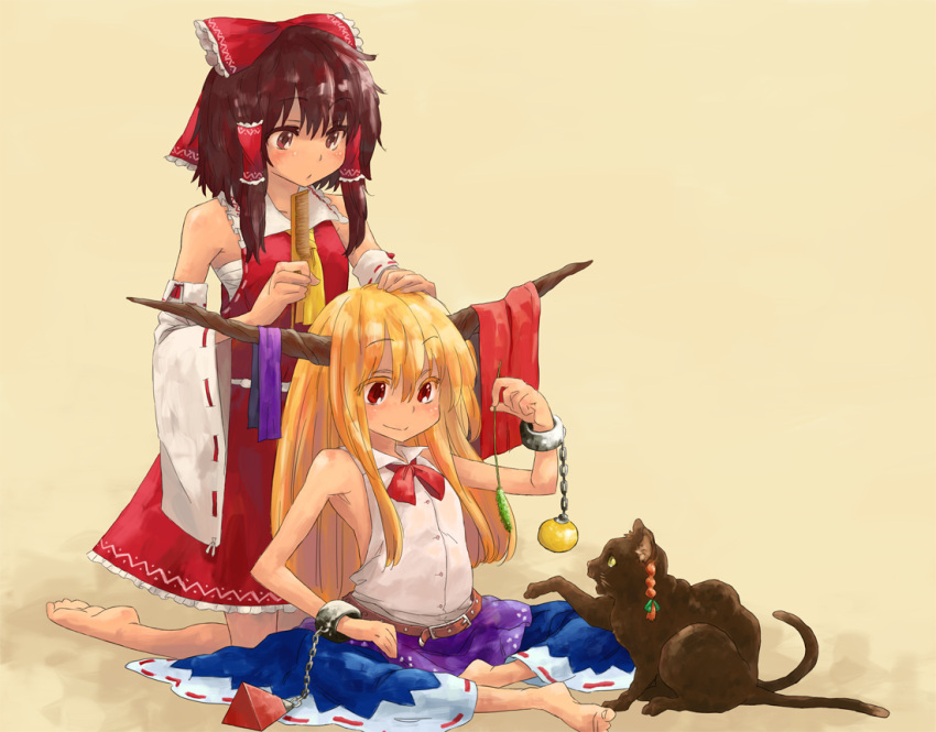 barefoot, black_hair, blonde_hair, bow, braid, brown_hair, cat, chain, comb, detached_sleeves, hair_bow, hakurei_reimu, horns, ibuki_suika, kaenbyou_rin, kaenbyou_rin_(cat), long_hair, matsutani, multiple_girls, orange_hair, red_eyes, sarashi, short_hair, touhou
