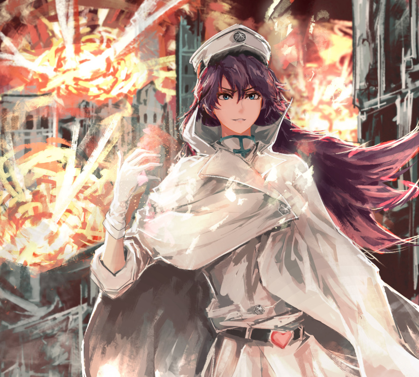 1girl, arm_up, bambietta_basterbine, belt, black_hair, bleach, bleach:_the_thousand-year_blood_war, blue_eyes