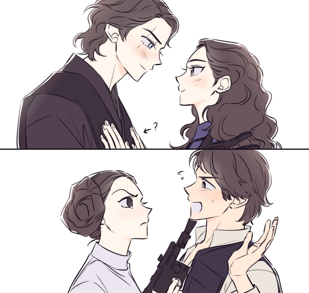 2boys, 2girls, ?, anakin_skywalker, blaster_(star_wars), blue_eyes, brown_hair, couple, happy, hetero, multiple_boys, multiple_girls, open_mouth, padme_amidala, princess_leia_organa_solo, scar, scar_across_eye, simple_background, skdlfjgrp, smile, star_wars, star_wars:_a_new_hope, star_wars:_revenge_of_the_sith, white_background
