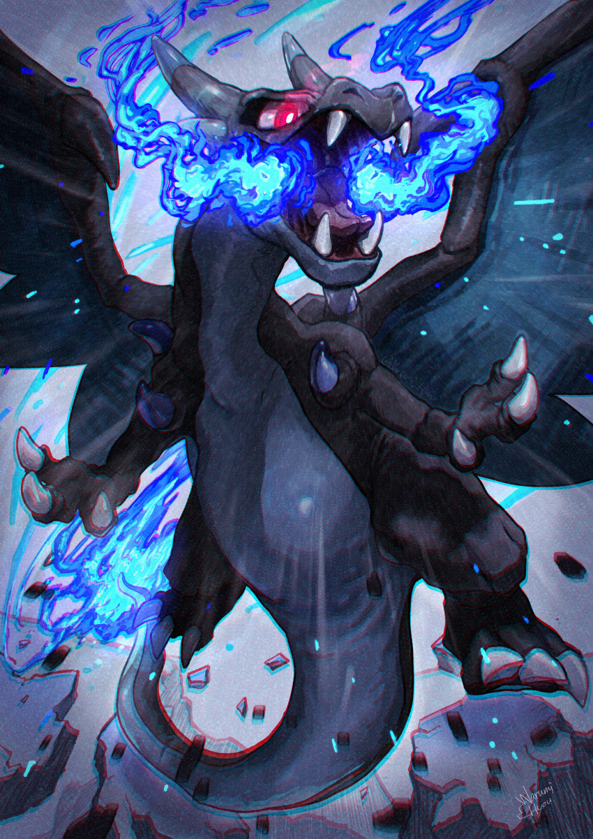 absurdres, animal_focus, blue_fire, charizard, chromatic_aberration, claws, commentary_request, debris