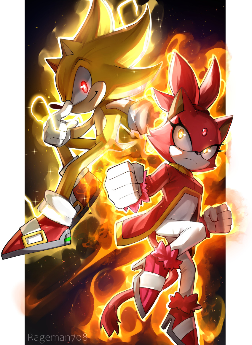1boy, 1girl, absurdres, animal_ears, blaze_the_cat, burning_blaze, cat_ears, cat_girl, cat_tail, fire, forehead_jewel, gloves, glowing, glowing_eyes, high_heels, highres, jacket, pants, pink_footwear, pink_fur, rageman709, red_eyes, red_footwear, red_jacket, smile, sonic_(series), sonic_rush, sonic_rush_adventure, sonic_the_hedgehog, super_sonic, tail, white_gloves, white_pants, yellow_eyes, yellow_fur