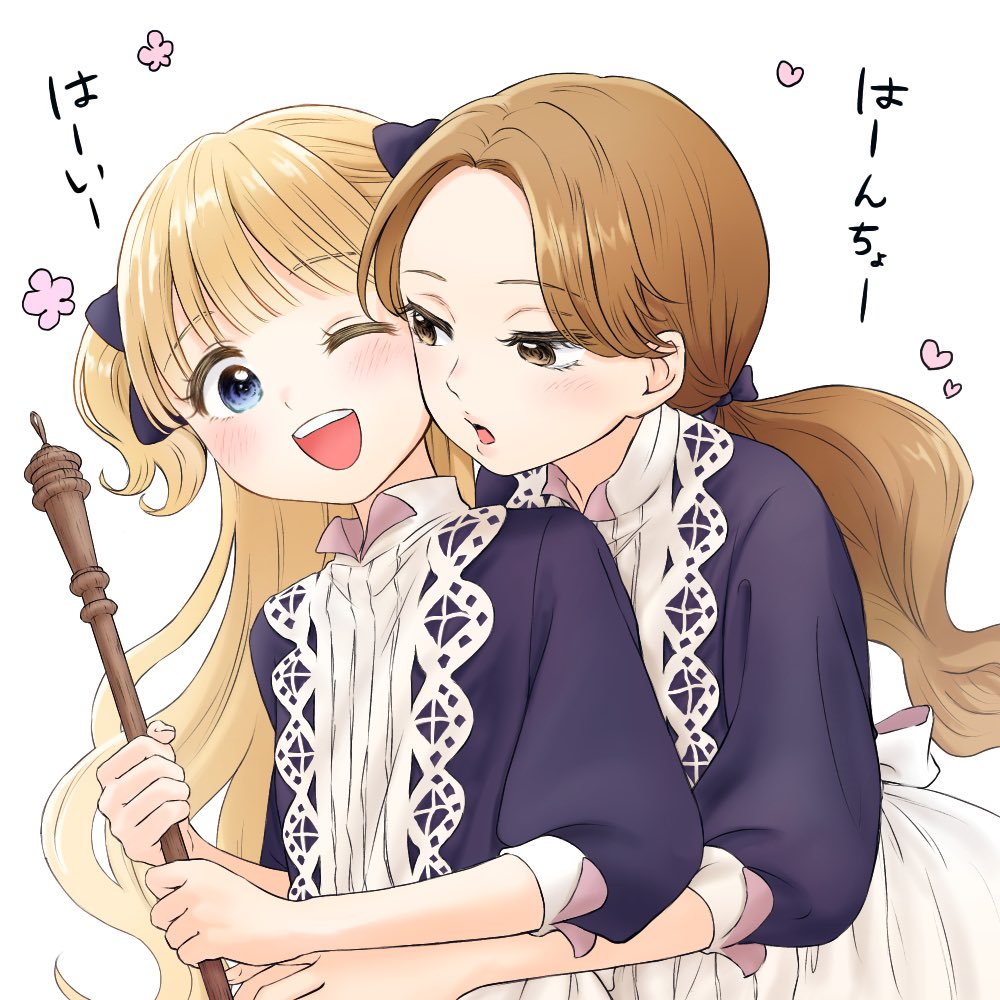 2girls, apron, belle_(shadows_house), blonde_hair, blue_bow, blue_dress, blue_eyes, blunt_bangs