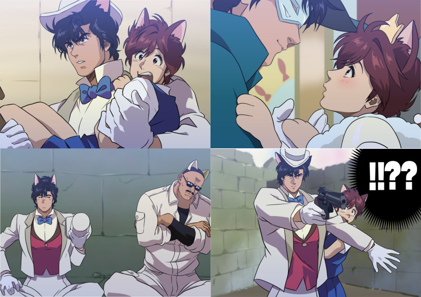 !?, 1girl, 2boys, absurdres, animal_ears, blue_bow, blue_bowtie, blue_skirt