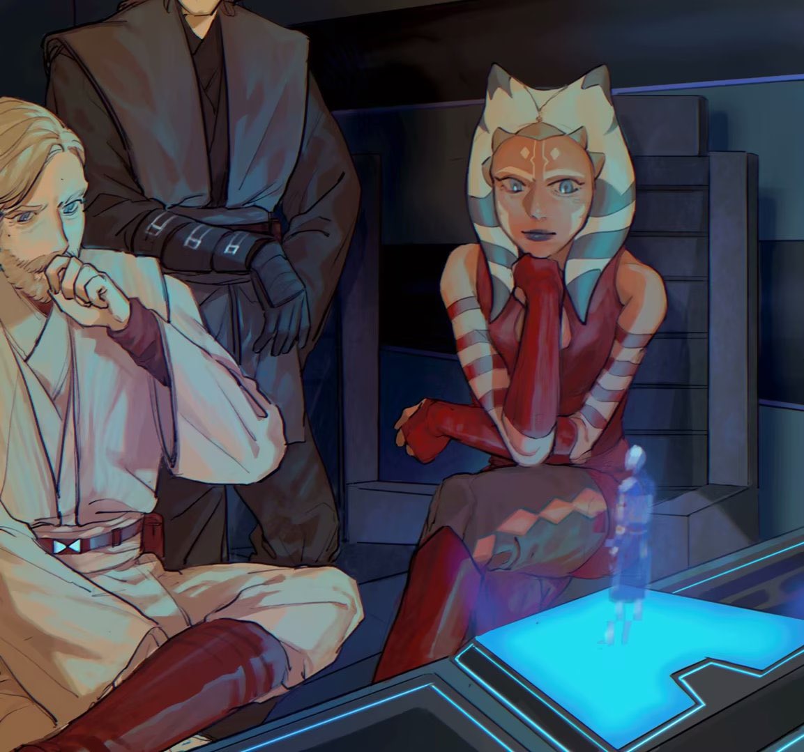 1girl, ahsoka_tano, anakin_skywalker, beard, belt, black_gloves, blue_eyes, boots, brown_belt, chair, facial_hair, fingerless_gloves, gloves, hologram, legs, mole, mole_under_eye, obi-wan_kenobi, science_fiction, sitting, star_wars, star_wars:_the_clone_wars, strawberryreddy, togruta