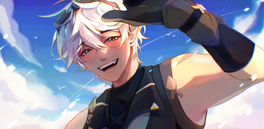 1boy, :d, arm_up, artist_name, bennett_(genshin_impact), bird, black_shirt, blue_sky