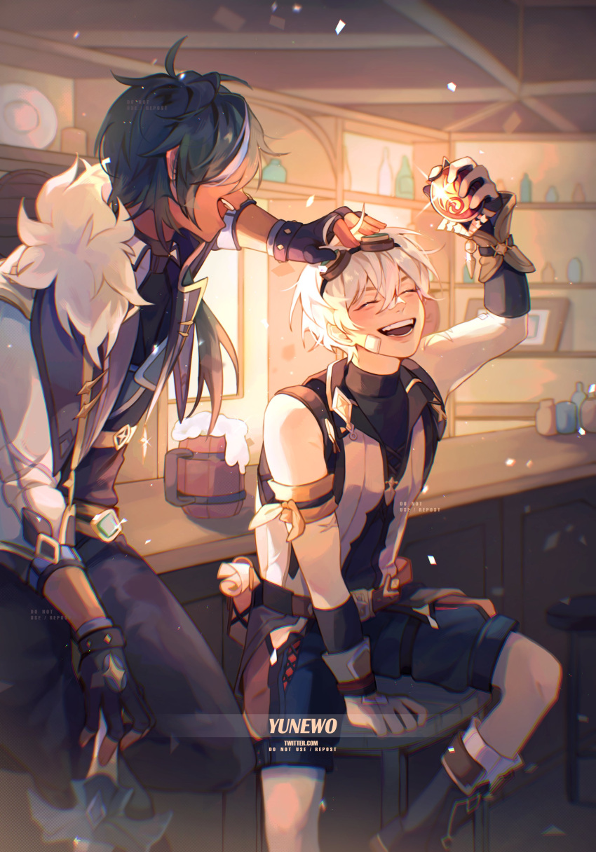 2boys, :d, ^_^, absurdres, alcohol, arm_scarf, arm_up, artist_name