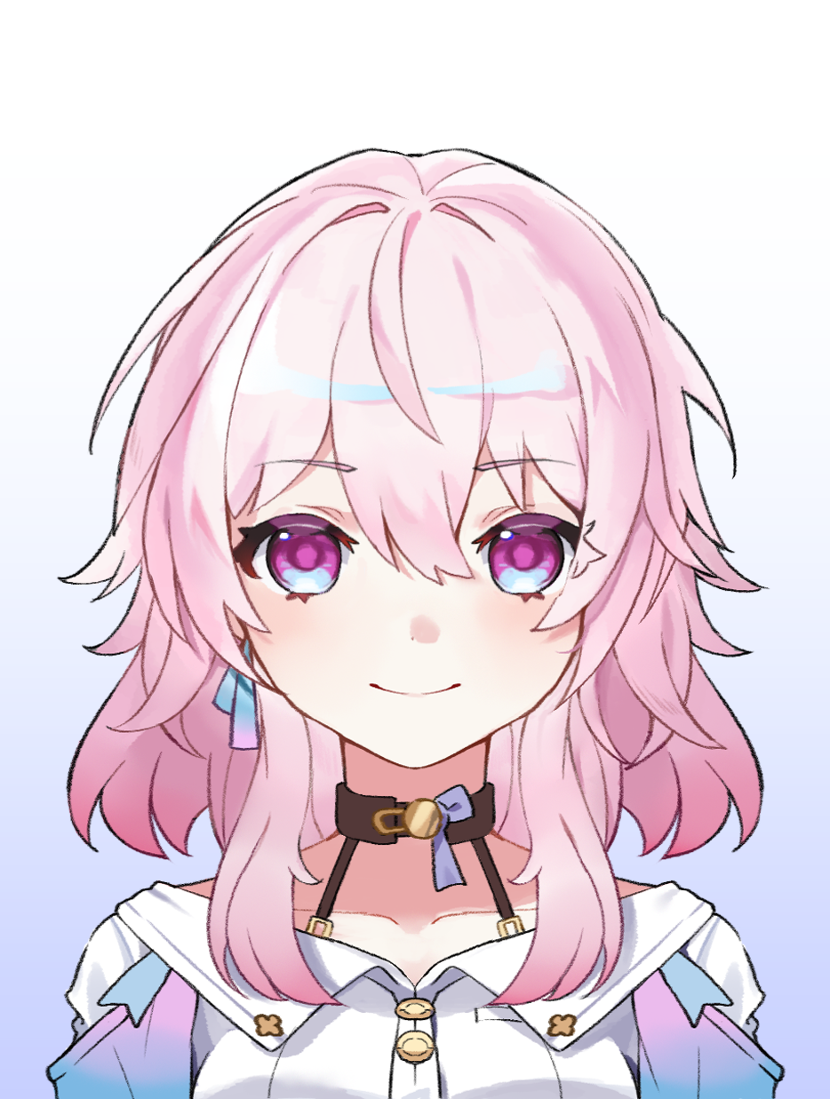 1girl, black_choker, blue_eyes, blue_jacket, breasts, buttons, choker, closed_mouth, collarbone, commentary, ddugi0506, earrings, eyes_visible_through_hair, gradient_background, hair_between_eyes, highres, honkai:_star_rail, honkai_(series), jacket, jewelry, light_blush, march_7th_(honkai:_star_rail), medium_breasts, medium_hair, pink_eyes, pink_hair, portrait, shirt, single_earring, smile, solo, straight-on, two-tone_eyes, white_shirt