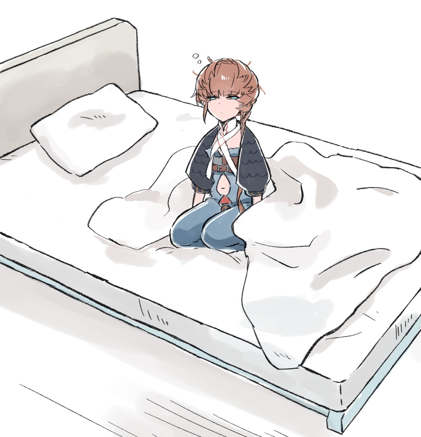 1girl, absurdres, bed, bed_sheet, belt, black_sleeves, blue_eyes, blue_overalls