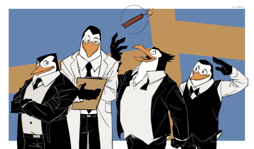 4boys, arm_at_side, arm_up, belt, bird, black_belt, black_bow, black_bowtie