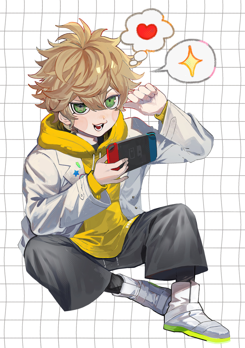 1boy, absurdres, black_pants, blonde_hair, blush, commentary_request, desuhiko_thunderbolt, full_body